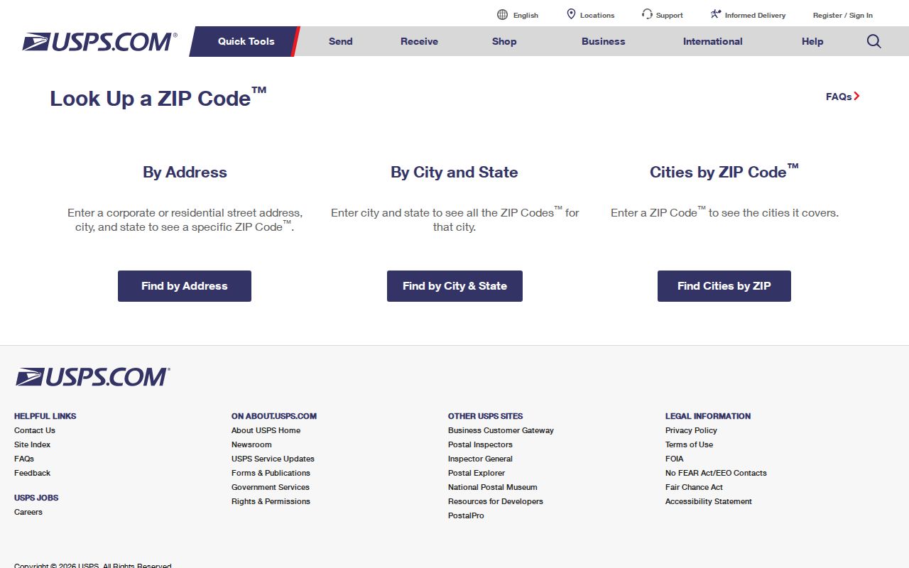 USPS search fields used with the Kirkland ZIP code directory