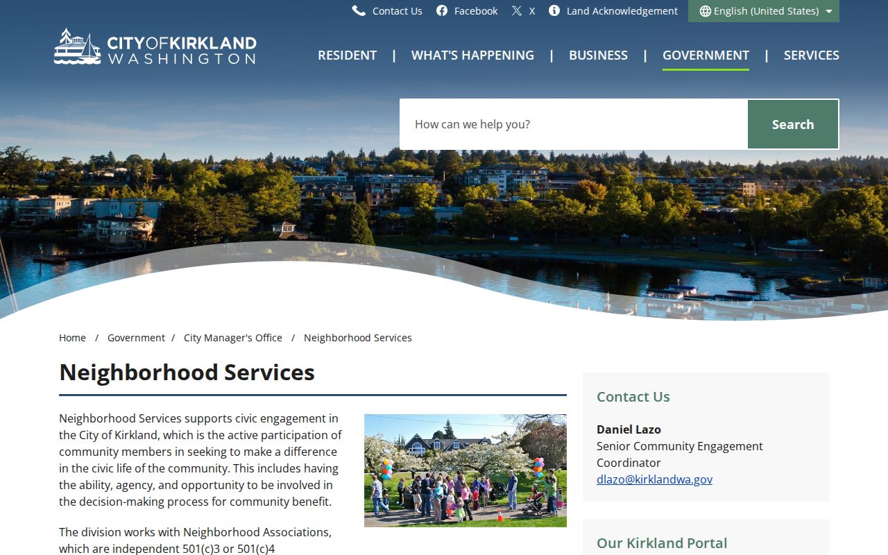 Kirkland Neighborhood Services page listing neighborhood associations